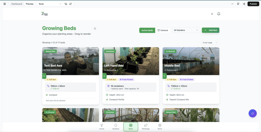 GrowTrack Growing Beds screen showing 17 individual beds including raised beds, containers and in-ground beds with dimensions, soil composition, sun exposure, frost pocket data, depth and planting capacity for each bed