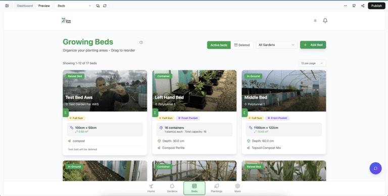 GrowTrack Growing Beds screen showing 17 individual beds including raised beds, containers and in-ground beds with dimensions, soil composition, sun exposure, frost pocket data, depth and planting capacity for each bed