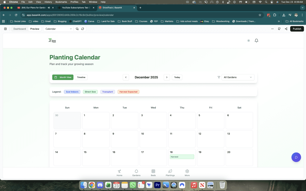 Screenshot of the GrowTrack Planting Calendar showing December 2025 in month view with a harvest event marked on the 18th, colour-coded legend for Sow Indoors, Direct Sow, Transplant, and Harvest Expected activities, and a filter for viewing by individual garden or all gardens