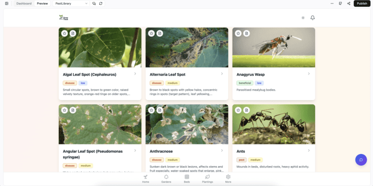 GrowTrack Garden Health Library showing pest and disease cards including Algal Leaf Spot, Alternaria Leaf Spot, Anagyrus Wasp, Angular Leaf Spot, Anthracnose and Ants, each classified by type, severity and description