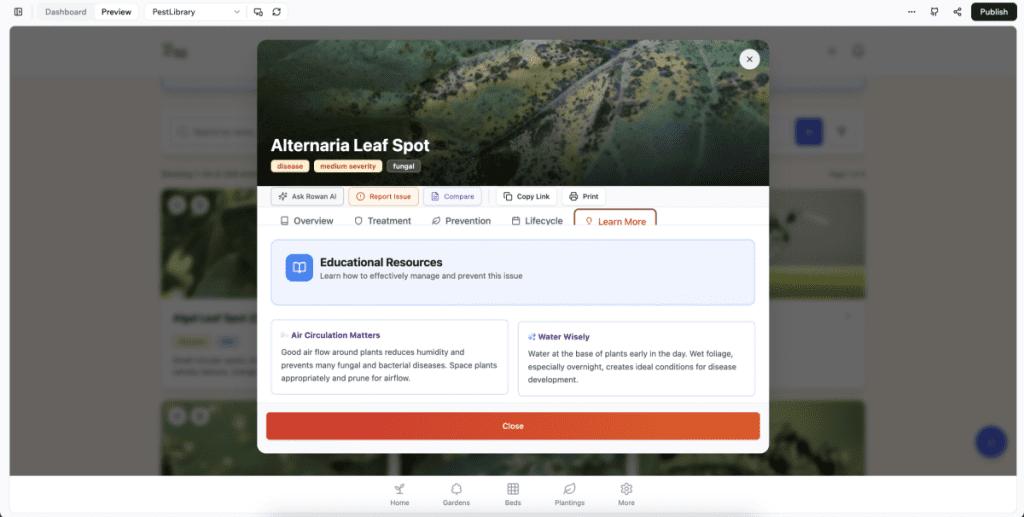 GrowTrack pest and disease card for Alternaria Leaf Spot showing disease severity rating, fungal classification, treatment, prevention, lifecycle and educational resources including air circulation and watering guidance