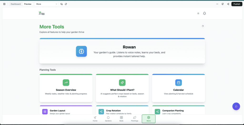 GrowTrack More Tools screen showing Rowan AI garden assistant, Season Overview, What Should I Plant, Calendar, Garden Layout, Crop Rotation and Companion Planting tools, all integrated within a single connected garden management system