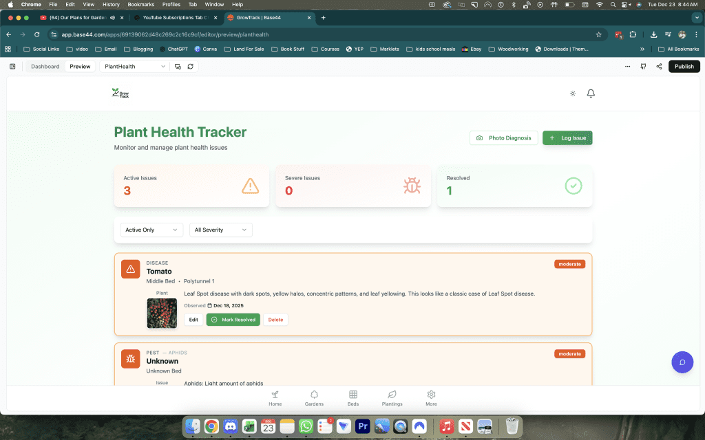 Screenshot of the Plant Health Tracker inside GrowTrack showing a summary dashboard with 3 active issues, 0 severe issues, and 1 resolved issue. Two logged issue cards are visible. The first is a moderate severity disease card for Tomato in the Middle Bed of Polytunnel 1, observed 18 December 2025, with a description identifying Leaf Spot disease showing dark spots, yellow halos, concentric patterns, and leaf yellowing, with a close-up plant photo attached and options to edit, mark resolved, or delete. The second is a moderate severity pest card for aphids on an unknown plant in an unknown bed, with a note reading aphids light amount of aphids. A Photo Diagnosis button and a Log Issue button are visible at the top.