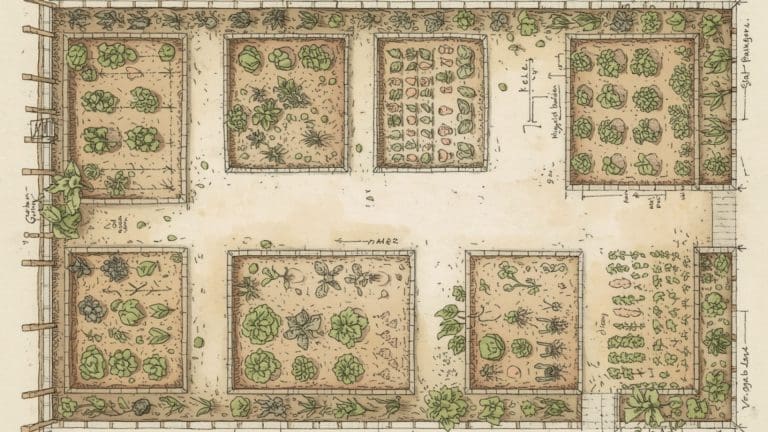 Hand-drawn aerial view vegetable garden layout plan showing multiple raised beds with crop plantings, pathways, labels and measurements, illustrated in a sketch style