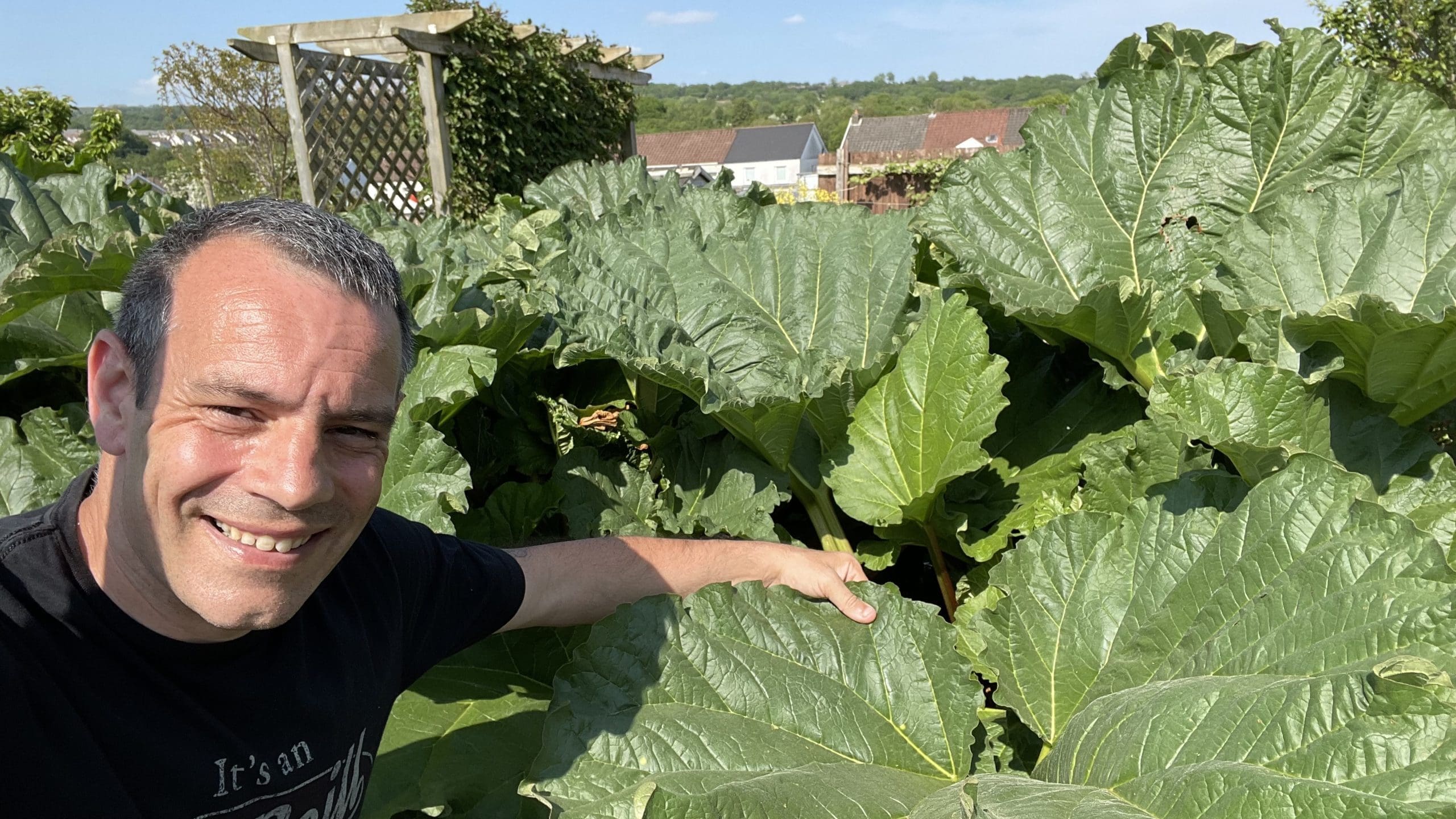 Tony O'Neill smiling showing off his huge rhubarb plants