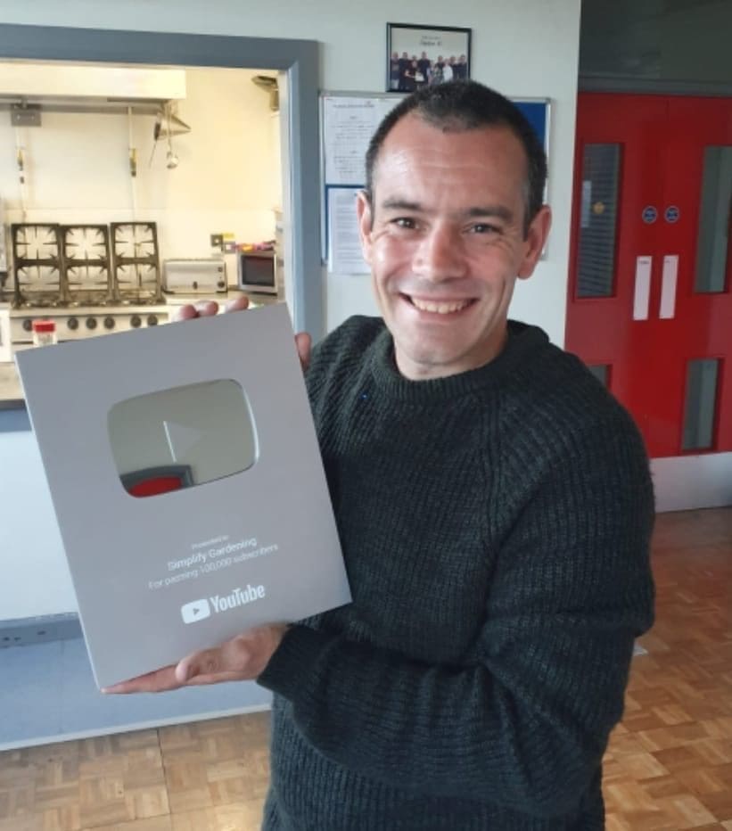 YouTube Silver Play Button awarded to Tony O'Neill at 100,000 subscribers, Simplify Gardening channel now at 455,000 subscribers