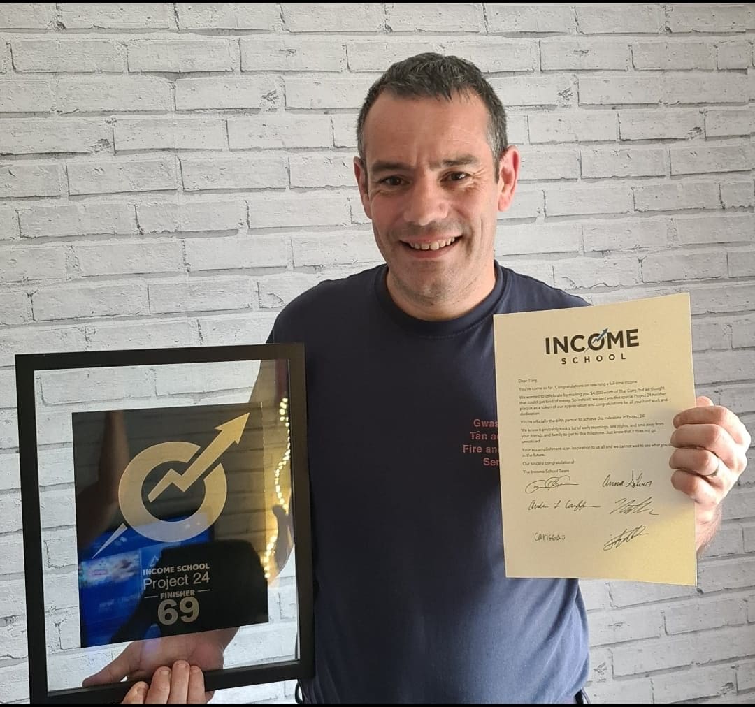 Project 24 certificate, 69th person worldwide verified by Income School to earn a full-time income from a content website, Tony O'Neill