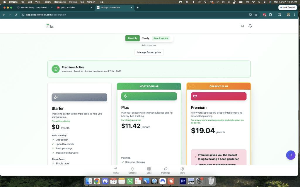 GrowTrack subscription pricing page showing US dollar pricing — Starter free, Plus $11.42 per month, Premium $19.04 per month, with monthly and yearly billing options