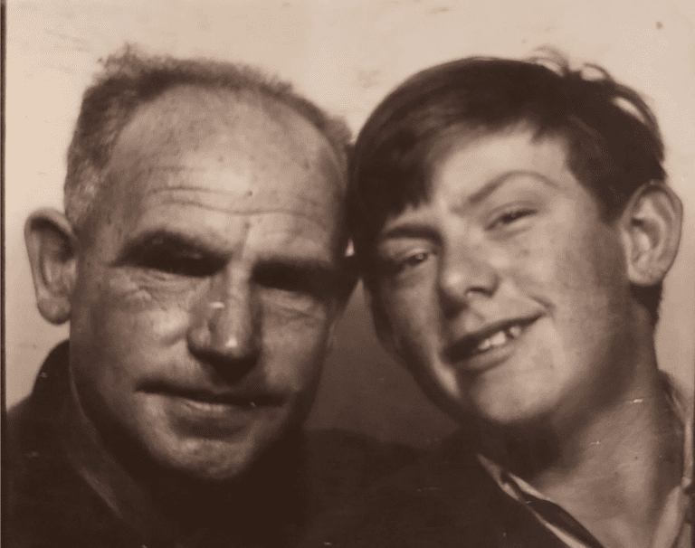 Walter Edward O'Neill known as Ted, Tony O'Neill's grandfather, pictured with his son Walter Edward O'Neill, Tony's father, in a vintage sepia photograph from the early 1980s, South Wales