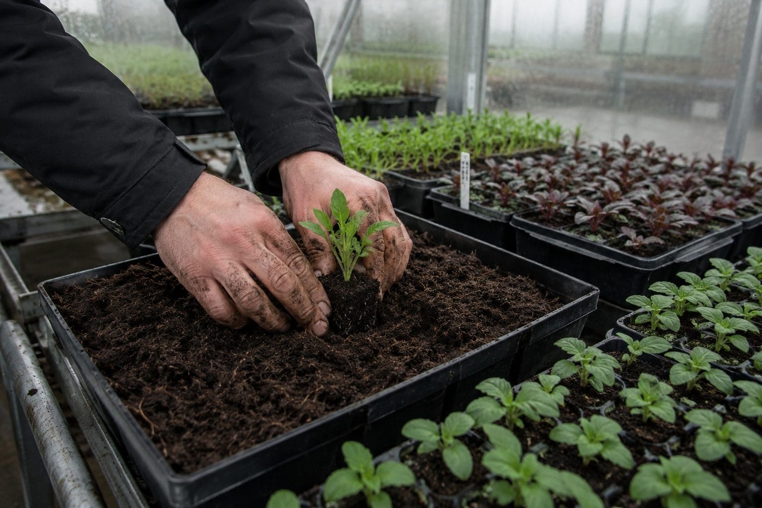 Grower pressing a plug plant into peat-free growing media in a commercial propagation tray, illustrating the UK horticultural sector's transition away from peat