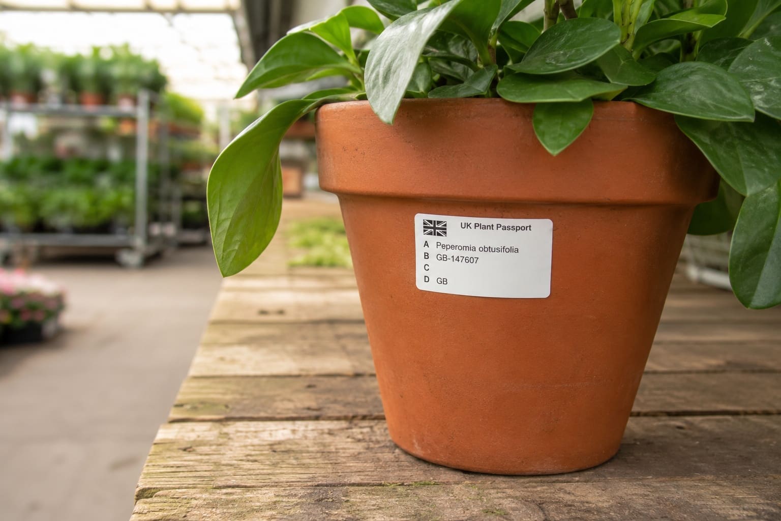 A UK plant passport label attached to a terracotta pot on a nursery bench, showing botanical name, operator registration number, and country of origin as required by UK plant health regulations